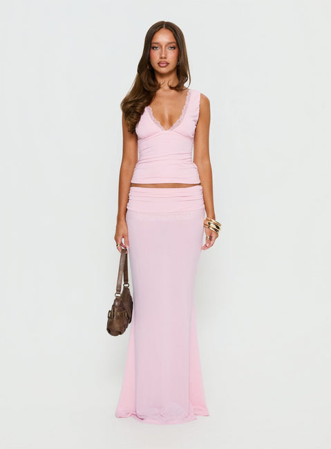   front view of model wearing Princess Polly Zespri Jersey Maxi Skirt Pink Maxi Skirts Skirts 