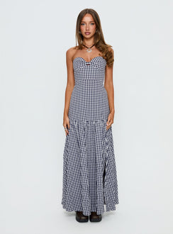 Luckystar Strapless Sweetheart Maxi Dress Navy Gingham