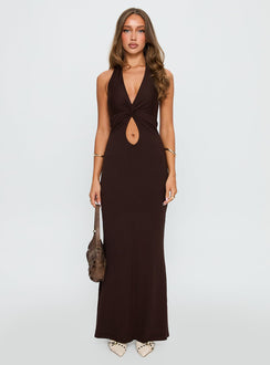 side view of model wearing Princess Polly No Hard Feelings Twist Maxi Dress Brown Plunger 