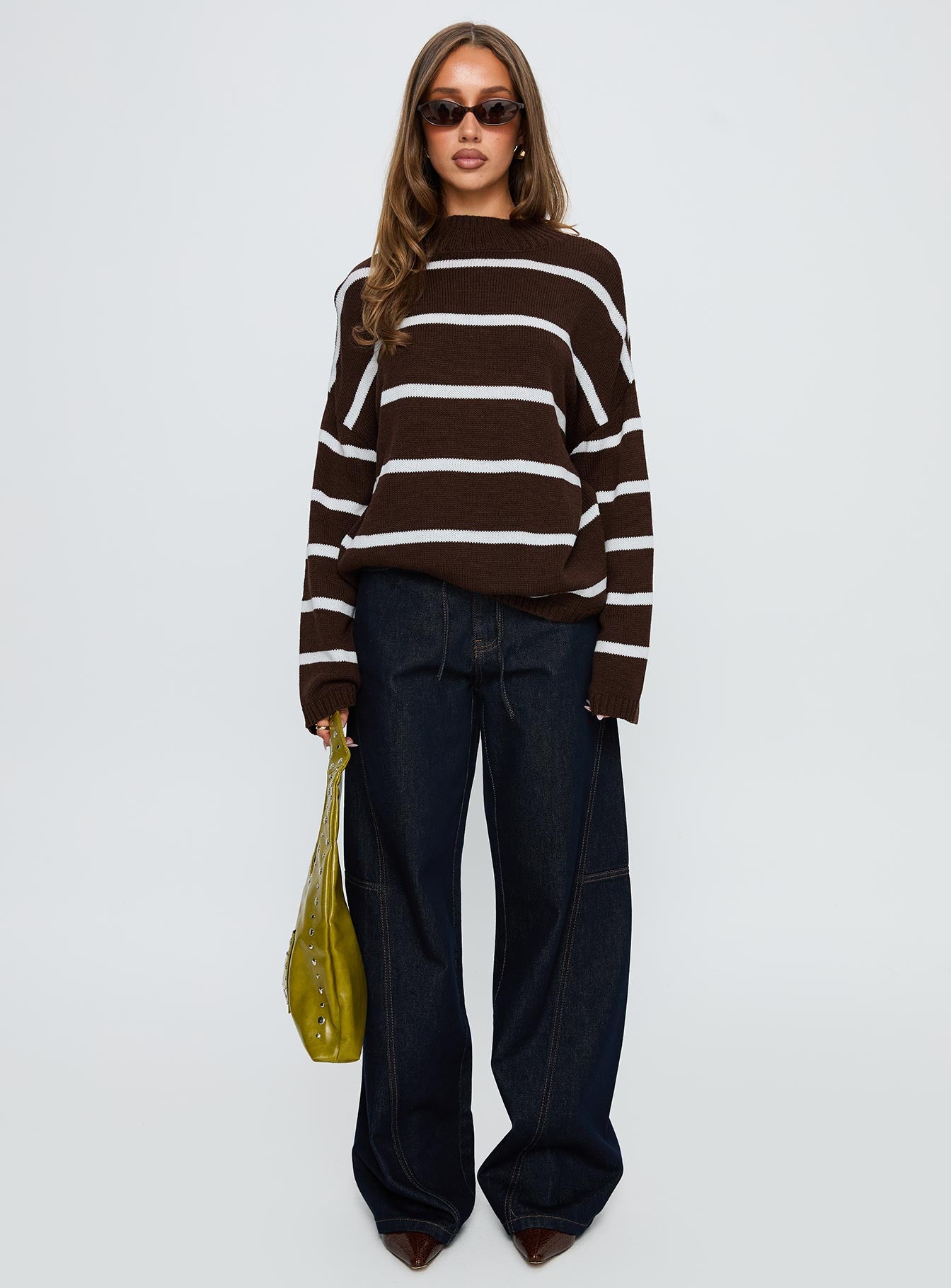 Alara Mock Neck Knit Sweater Brown Stripe