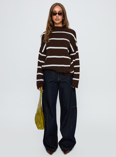Alara Mock Neck Knit Sweater Brown Stripe