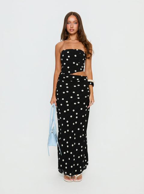 Jasira Strapless Drape Maxi Dress Black Polka Dot