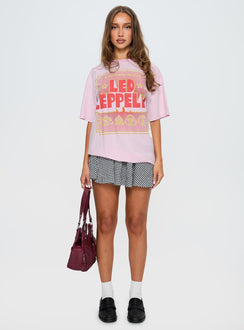 back view of model wearing Princess Polly Led Zeppelin Oversized Vintage Graphic Top Pink Half Sleeves Crew Neck 