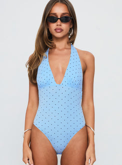 front view of model wearing Princess Polly Mallary Halter Bodysuit Blue Polka Sleeveless 
