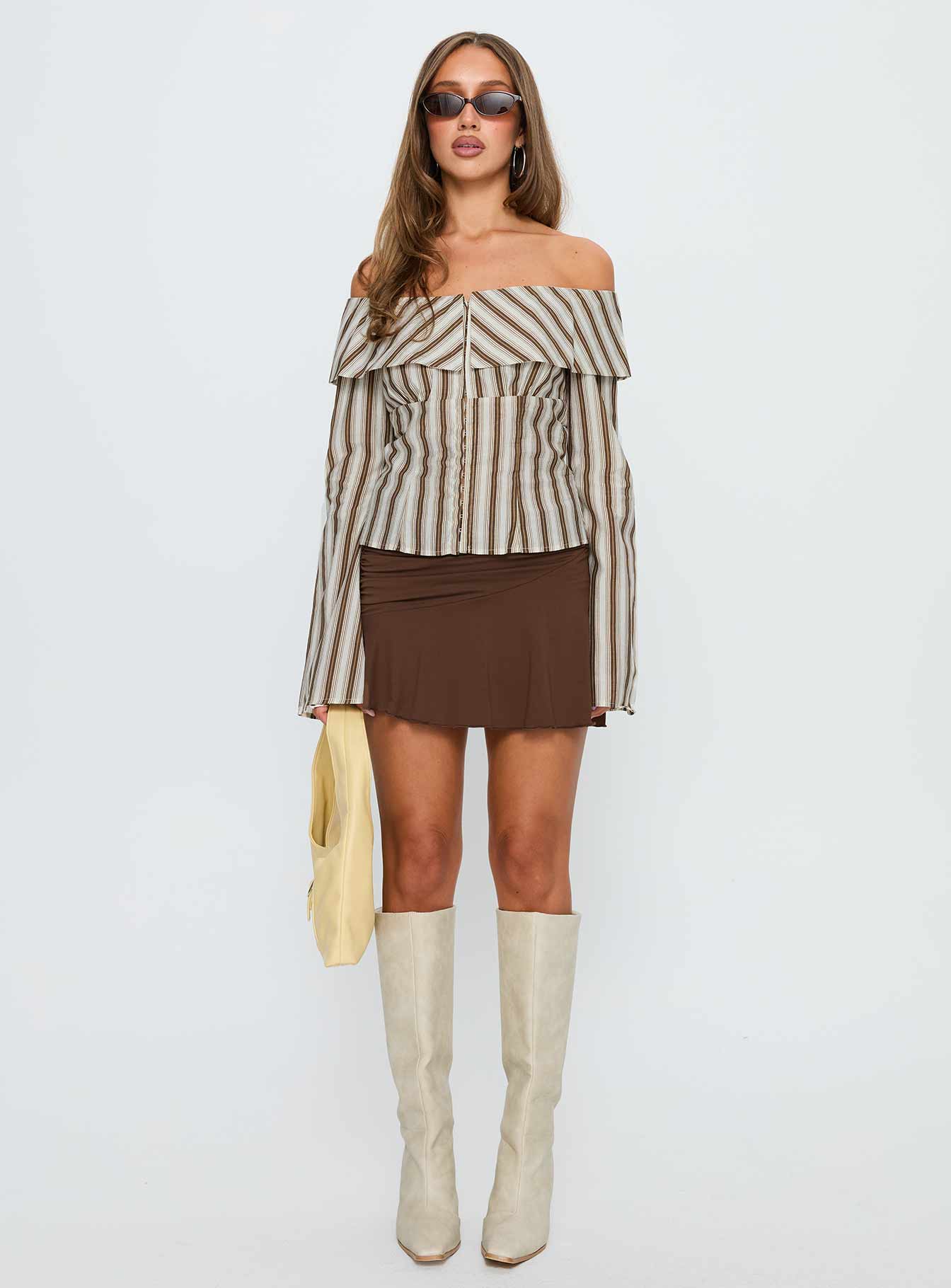 Knockout Off Shoulder Top Brown Stripe