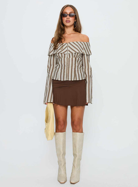 Knockout Off Shoulder Top Brown Stripe