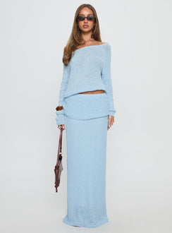 side view of model wearing Princess Polly Ravira Wide Neck Knit Sweater Blue cropped 