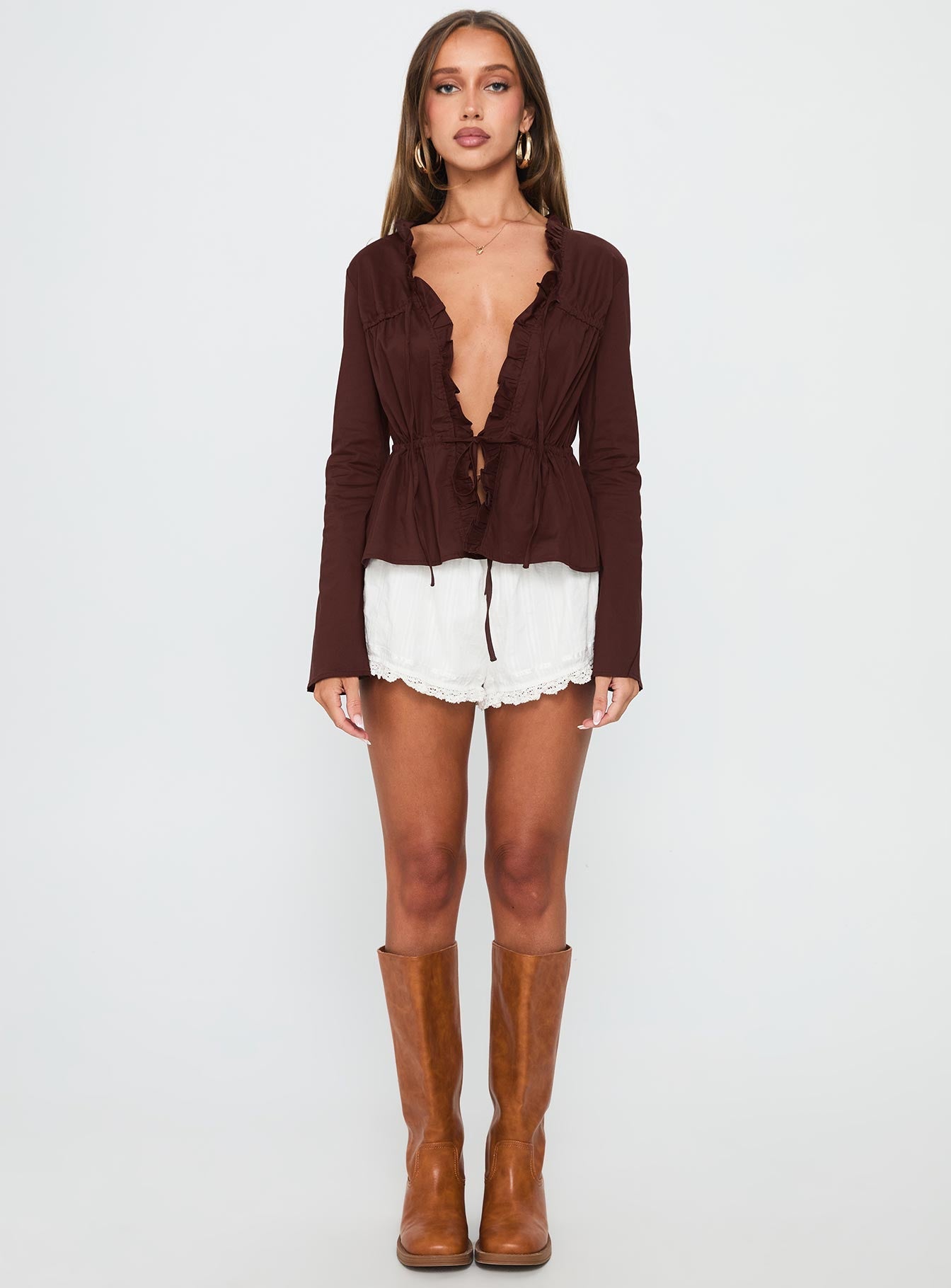 Harloe Ruched Tie Up Long Sleeve Top Chocolate