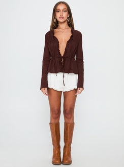 Harloe Ruched Tie Up Long Sleeve Top Chocolate