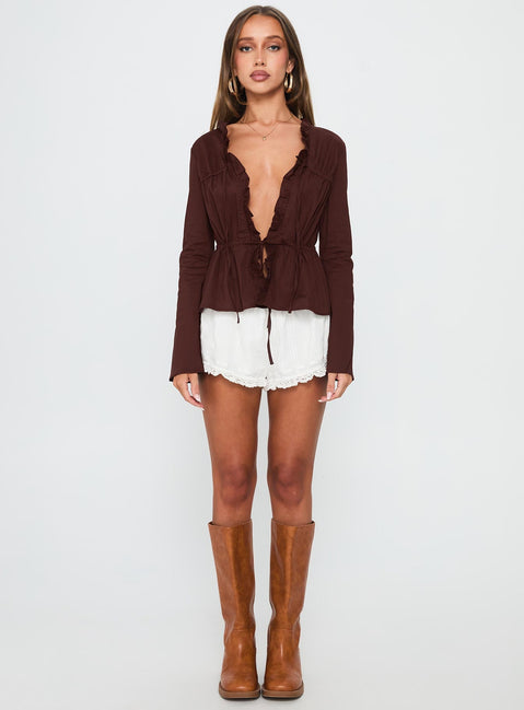 Harloe Ruched Tie Up Long Sleeve Top Chocolate