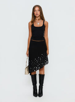   front view of model wearing Princess Polly Jezabela Asymmetrical Stud Midi Skirt Black 