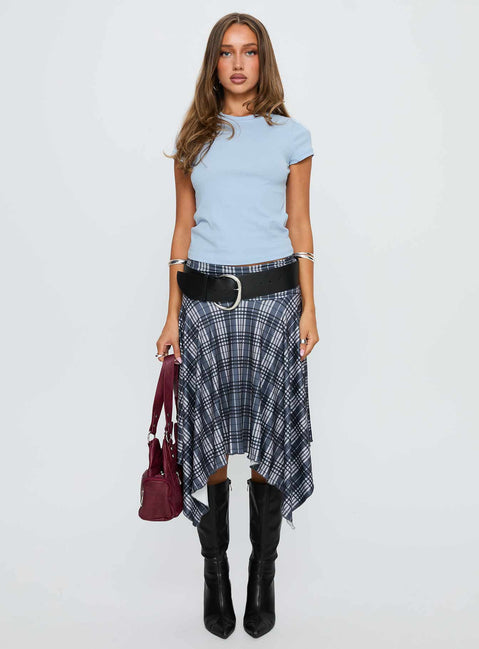 front view of model wearing Princess Polly Prestige Longline Baby Tee Soft Blue Short Sleeves Crew Neck 