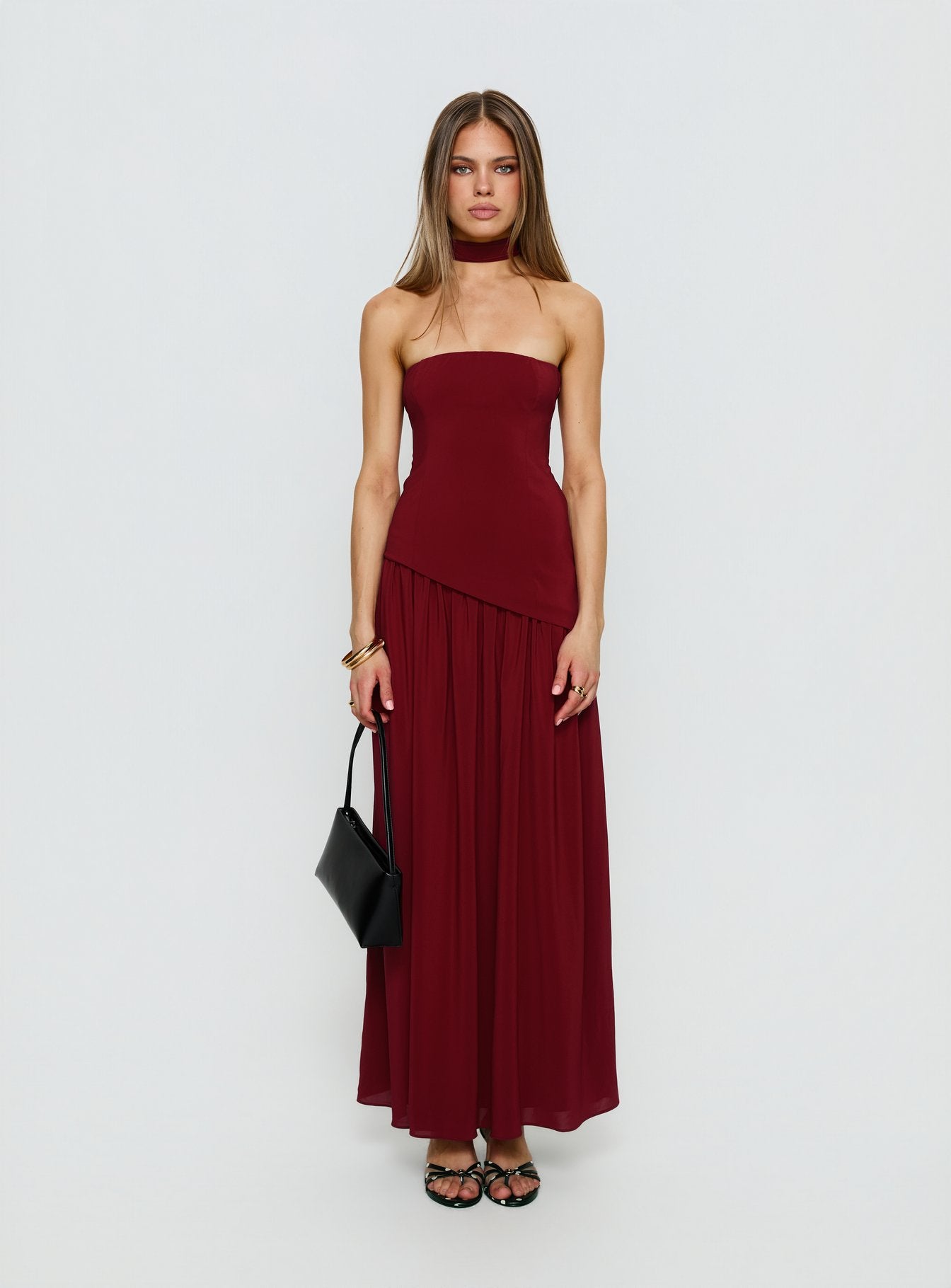Odela Strapless Drop Waist Maxi Dress Cherry