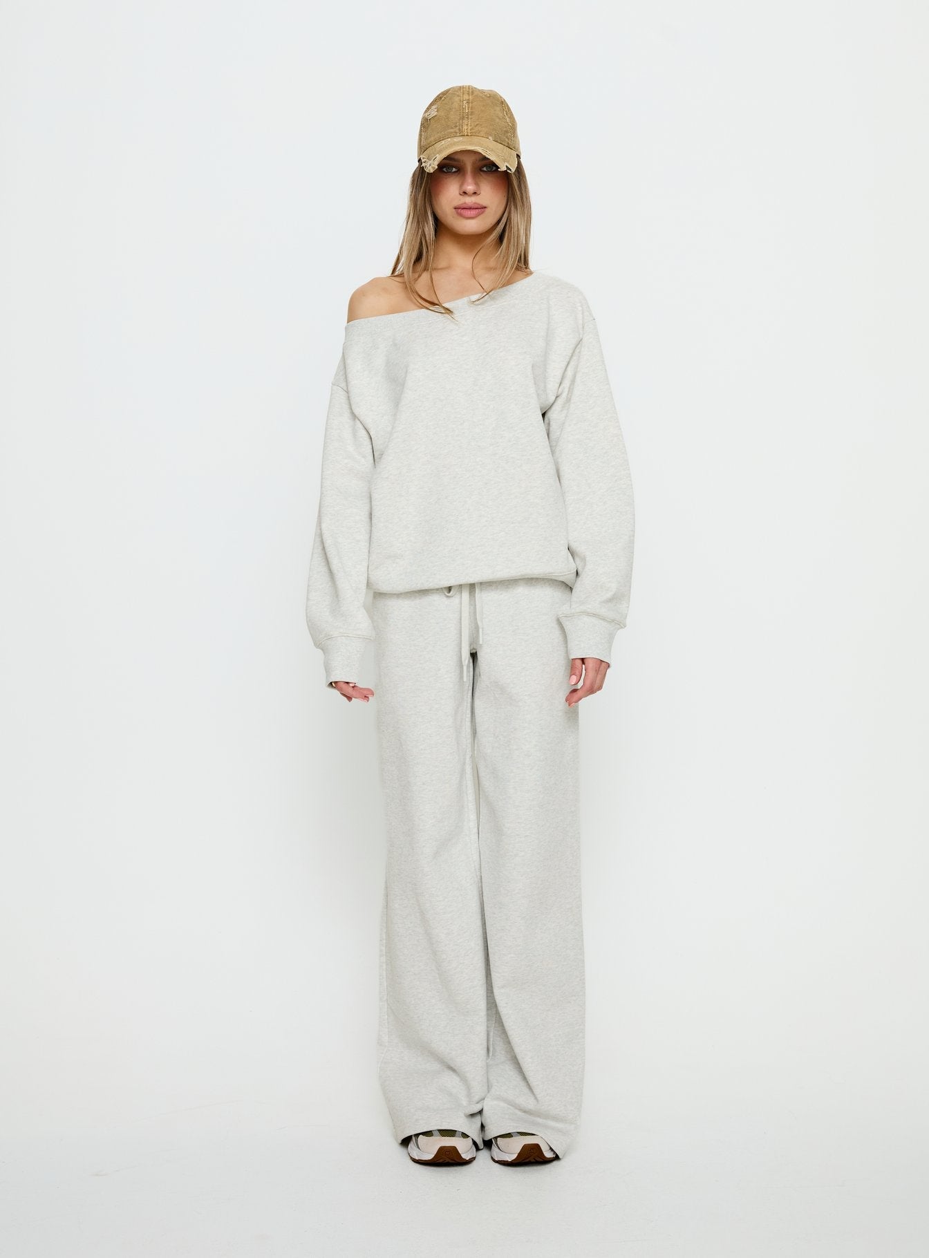 front view of model wearing Princess Polly Wellness Off the Shoulder Jumper Grey Marle 