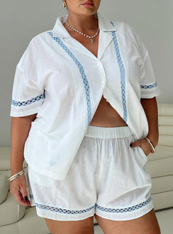 White and blue Short sleeve shirt Classic collar, button fastening at front, crochet detail