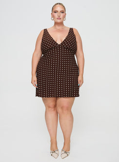 front view of model wearing Princess Polly Nellie Mini Dress Brown Polka Dot Curve Plunger 