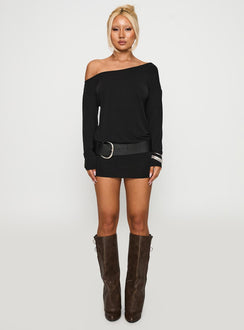 back view of model wearing Princess Polly Shelisa Mini Dress Black Asymmetric Neckline 