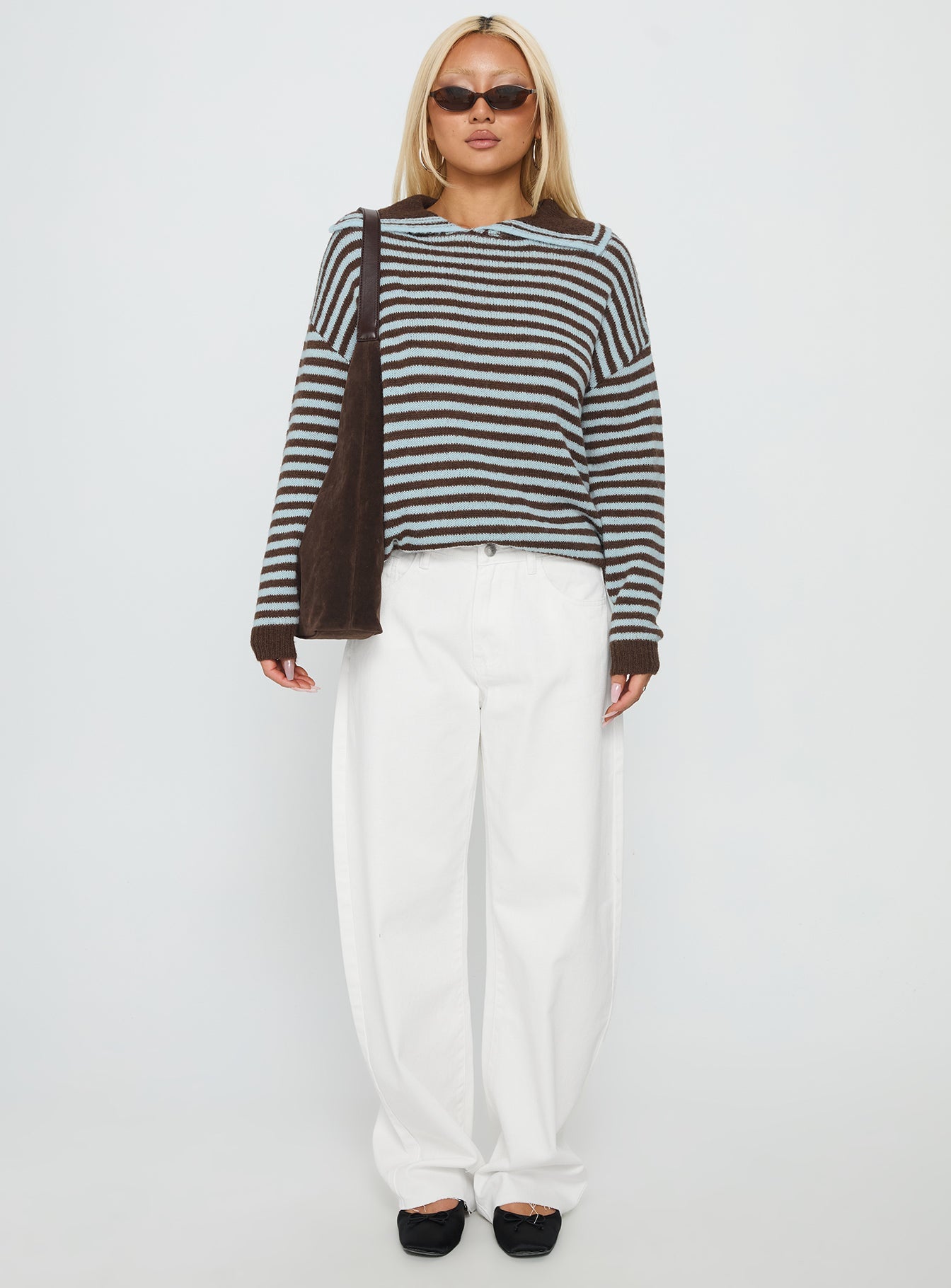 front view of model wearing Princess Polly Moon Went Dark Collared Knit Sweater Stripe 