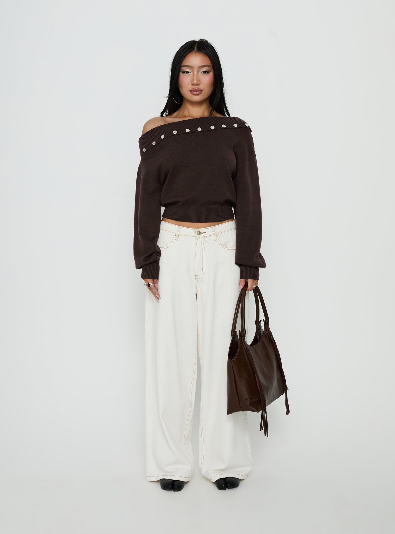 Kloud Off Shoulder Foldover Sweater Brown