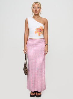   front view of model wearing Princess Polly Fluttering Maxi Skirt Pink Stripe Maxi 
