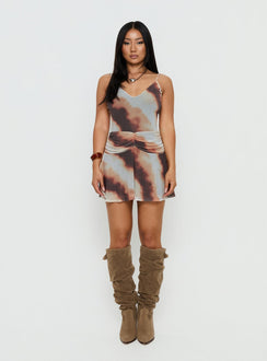 Milanie Ruched Mini Dress Brown / Orange Stripe