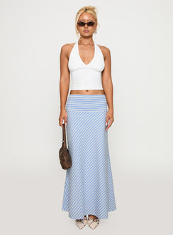 back view of model wearing Princess Polly Every Girl Shirred Maxi Skirt Blue Check Maxi 