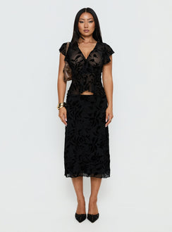   front view of model wearing Princess Polly Atira Midi Skirt Leaf Flower Black Midi Skirts 