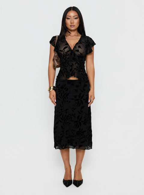   front view of model wearing Princess Polly Atira Midi Skirt Leaf Flower Black Midi Skirts 