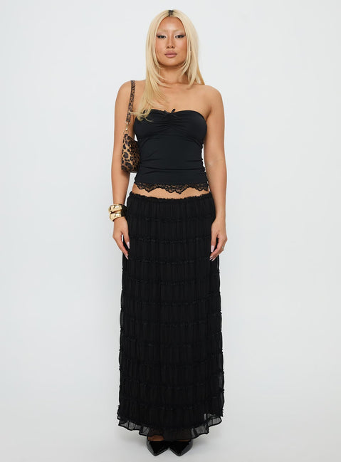   front view of model wearing Princess Polly Estefania Maxi Skirt Black Maxi 