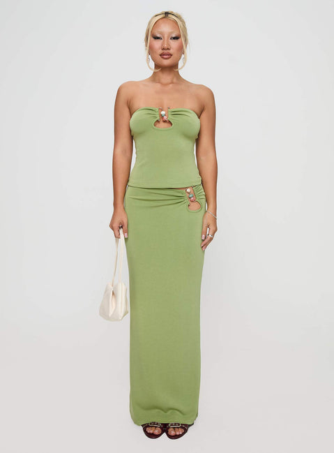 front view of model wearing Princess Polly Sun Chaser Strapless Top Green Sleeveless Sweetheart 