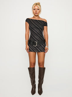 side view of model wearing Princess Polly Hari Mini Dress Stripe Asymmetric Neckline 