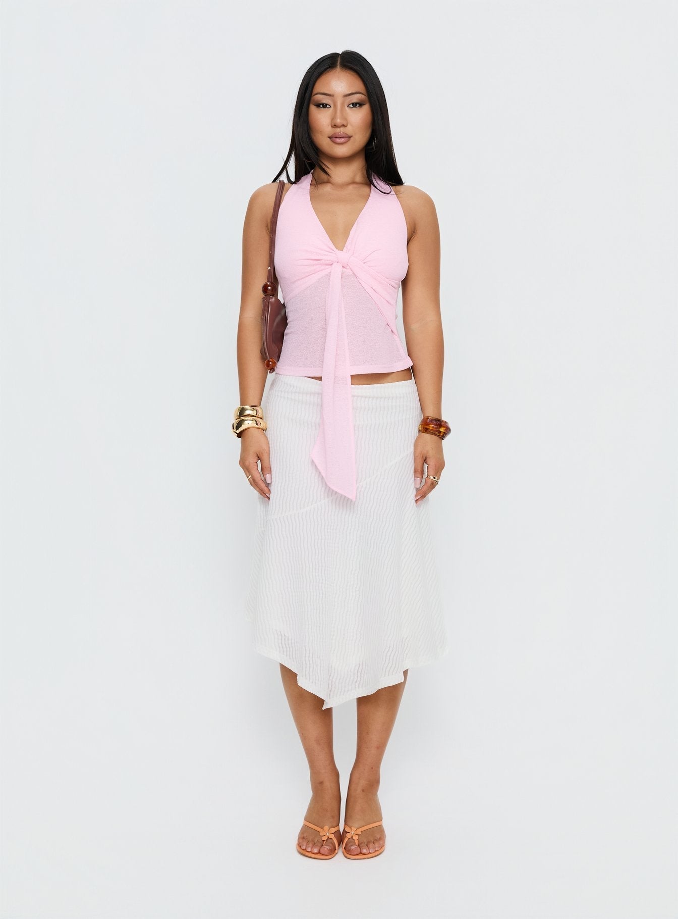   side view of model wearing Princess Polly Adrea Asymmetrical Midi Skirt White Midi Skirts 