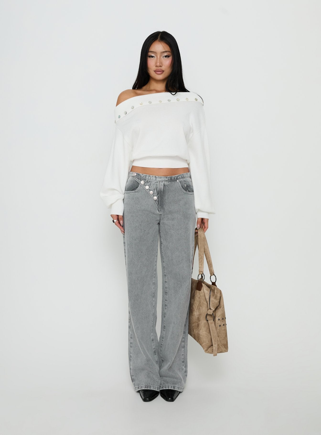 Kloud Off Shoulder Foldover Sweater White