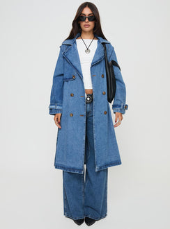 Denim trench coat Lapel collar, button fastening down front, adjustable & removable belts on cuff & waist Non-stretch material, unlined 