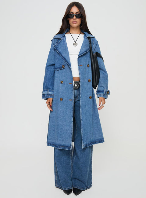 Denim trench coat Lapel collar, button fastening down front, adjustable & removable belts on cuff & waist Non-stretch material, unlined 