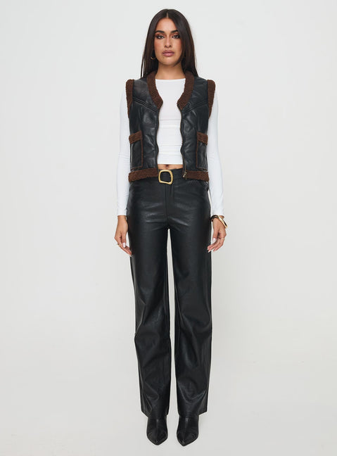 side view of model wearing Princess Polly Benner Low Waist Wide Leg Faux Leather Pants Black High Waisted Pants 