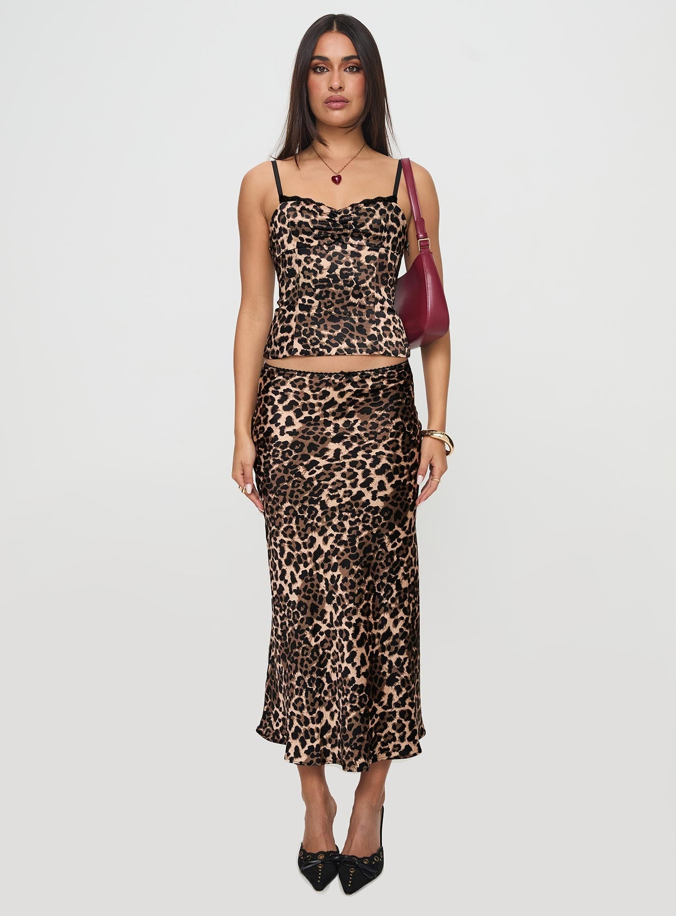   front view of model wearing Princess Polly Enigmatic Maxi Skirt Leopard Maxi 