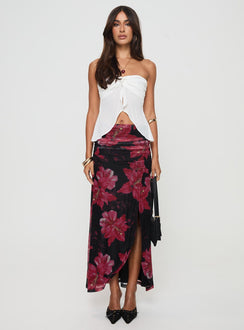   front view of model wearing Princess Polly Cooperi Maxi Skirt Black / Red Floral Maxi 