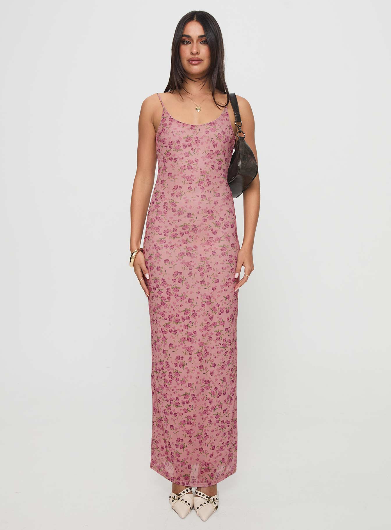 front view of model wearing Princess Polly Kastin Maxi Dress Pink Floral Scoop Neck 
