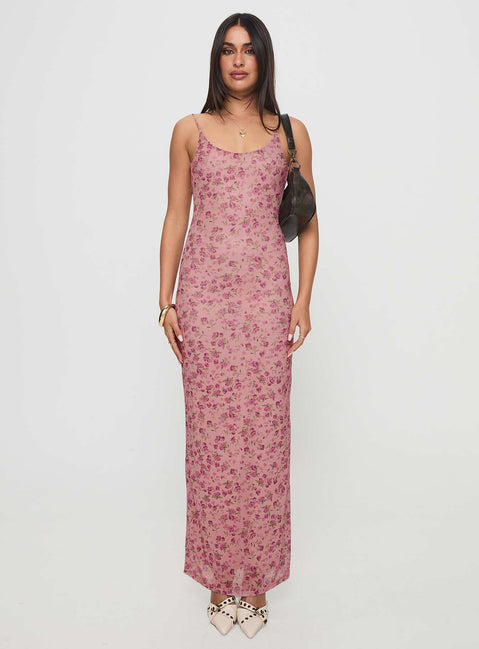 front view of model wearing Princess Polly Kastin Maxi Dress Pink Floral Scoop Neck 