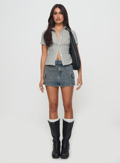 side view of model wearing Princess Polly Peppy Shirt Stripe Short Sleeves V-Neck 