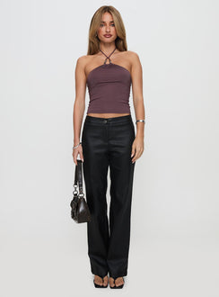 front view of model wearing Princess Polly Final Tango Halter Top Plum Sleeveless V-Neck 