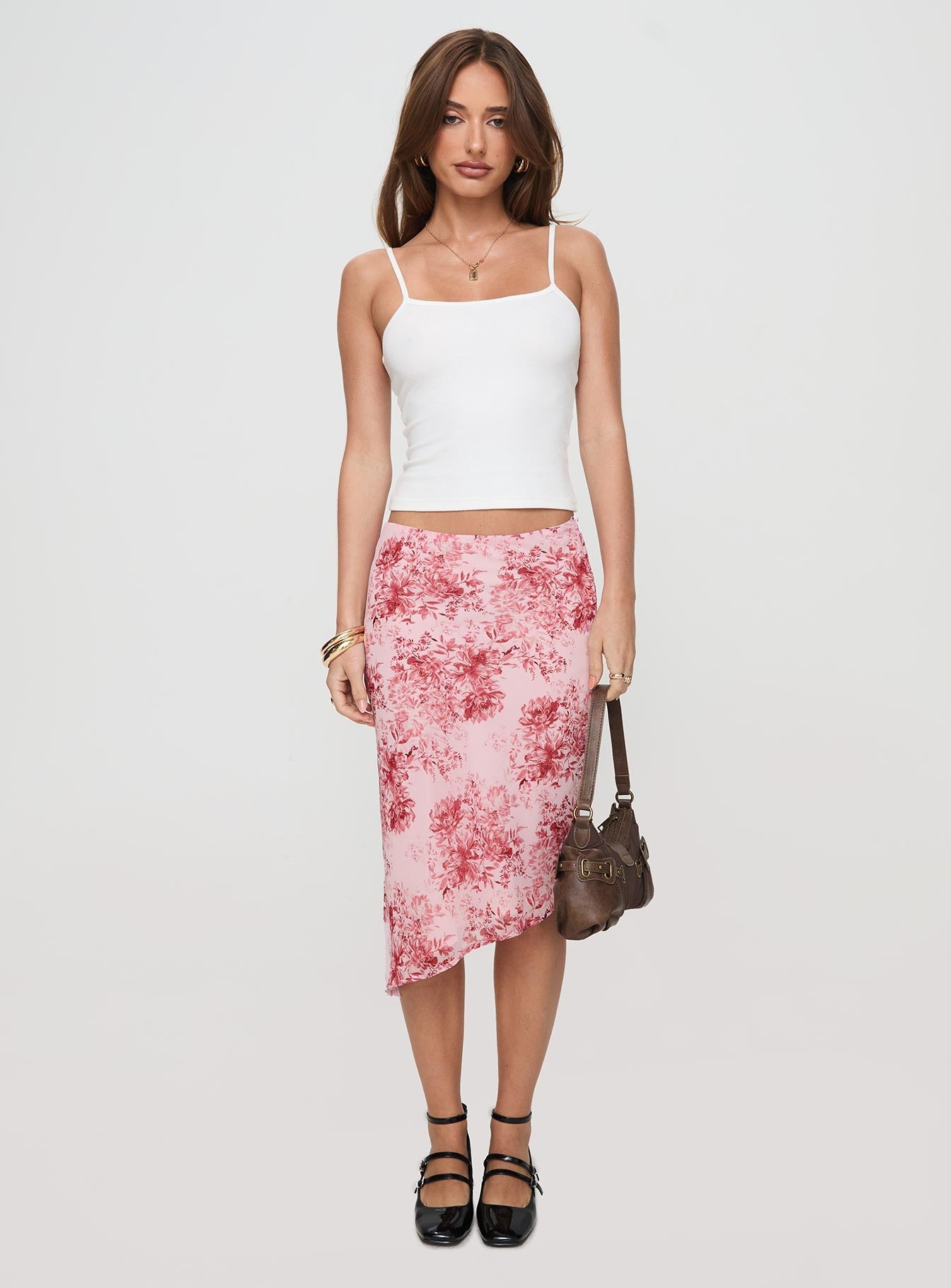   side view of model wearing Princess Polly Sicilia Midi Skirt Floral Multi Midi Skirts 