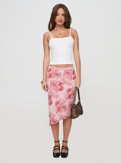   side view of model wearing Princess Polly Sicilia Midi Skirt Floral Multi Midi Skirts 