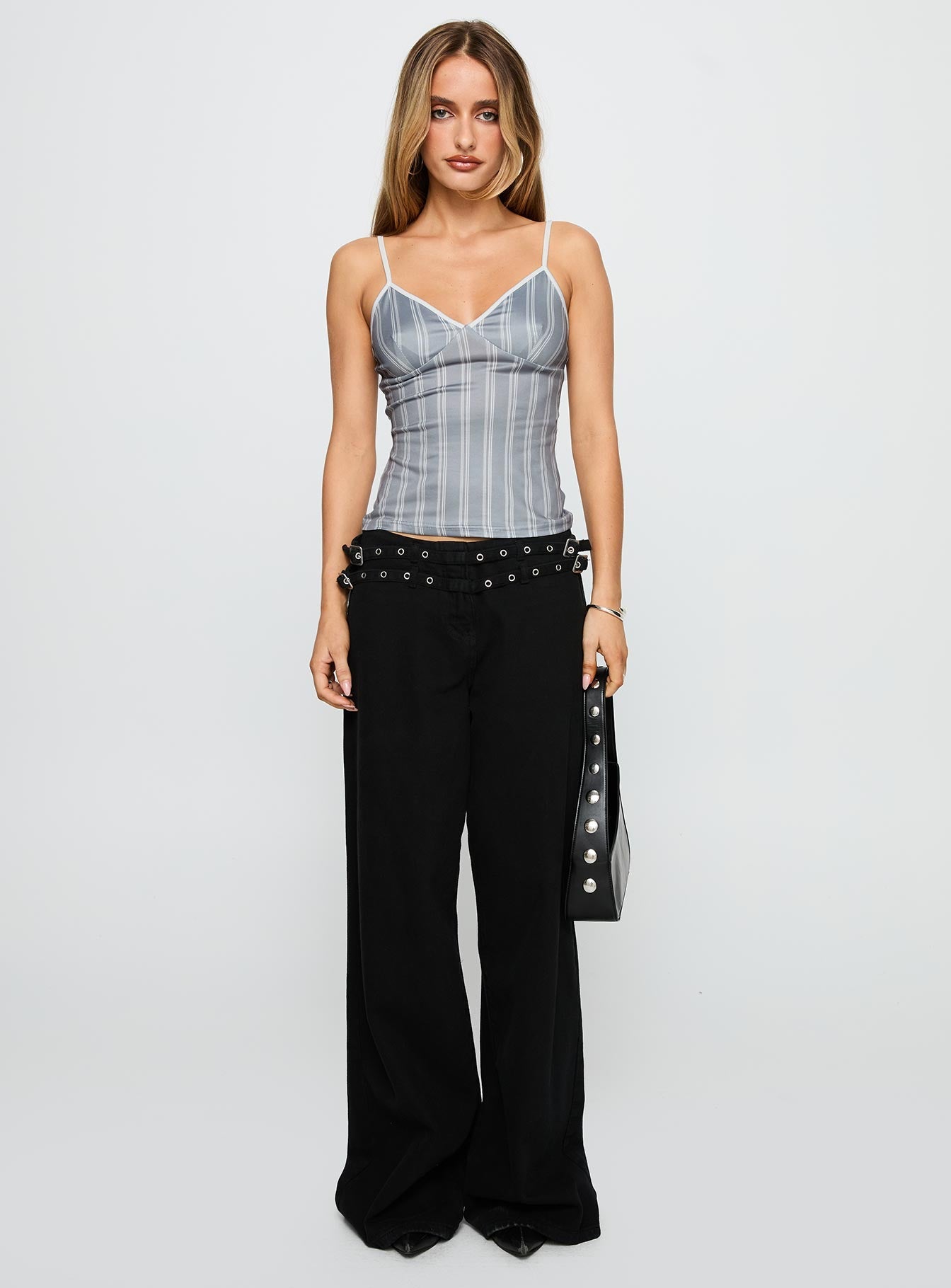 front view of model wearing Princess Polly Clear Vision Top Grey Stripe Sleeveless V-Neck 
