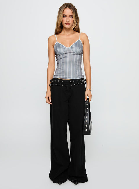 front view of model wearing Princess Polly Clear Vision Top Grey Stripe Sleeveless V-Neck 