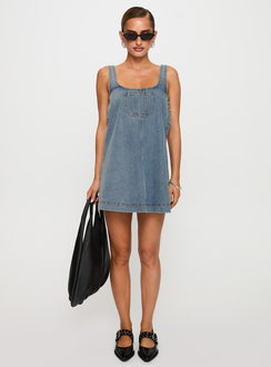 front view of model wearing Princess Polly State Of Mind Mini Dress Blue Denim Scoop Neck 