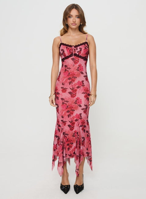 front view of model wearing Princess Polly Eirini Maxi Dress Pink Floral V-Neck 