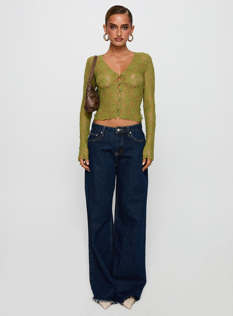 front view of model wearing Princess Polly Prized Possessions Sheer Button Up Top Green Full Sleeves Plunger 