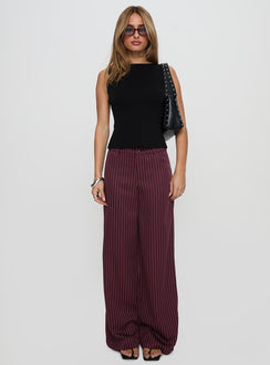 front view of model wearing Princess Polly Lorenne Mid Rise Pant Burgundy Pinstripe High Waisted Pants 